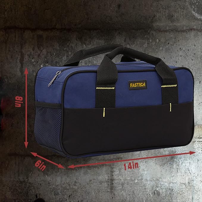 FASTECH 14 Inch Small Tool Tote Bag, Wide Mouth Tool Tote Bag, Waterproof Tool Organizer Bag, Multi-Pockets Wide Mouth Tool Tote For Man/Woman (Blue)