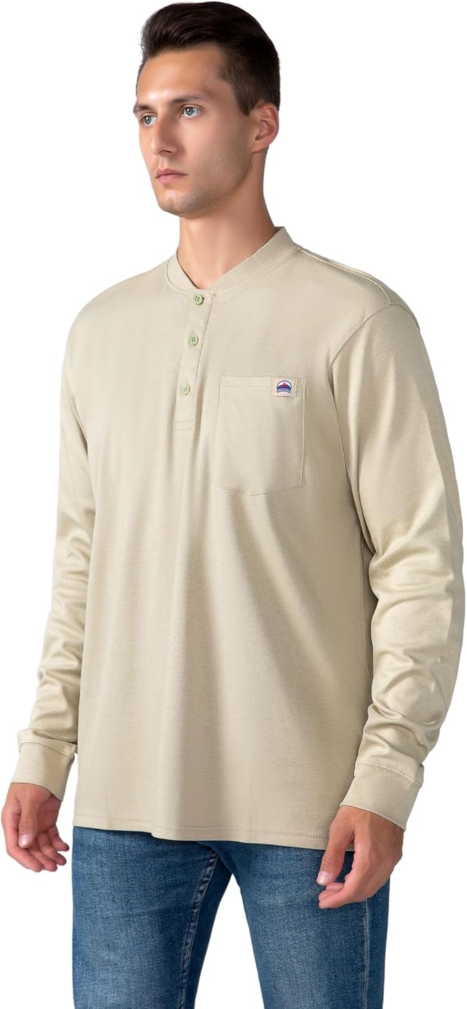 FR Henley Shirts for Men Flame Resistant Lightweight Welding 6.5oz 100% Cotton CAT2 Long Sleeve Fire Retardant FRC Clothing
