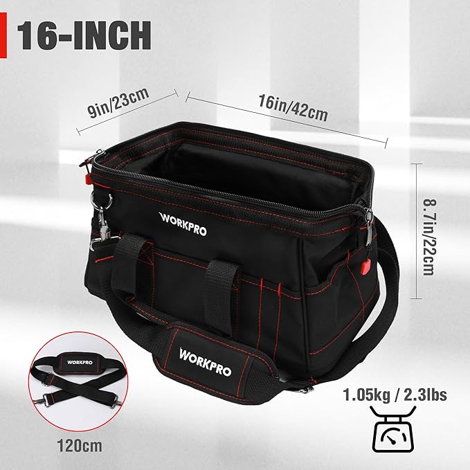 WORKPRO 16-inch Close Top Wide Mouth Tool Storage Bag with Water Proof Rubber Base, W081022A, 16"