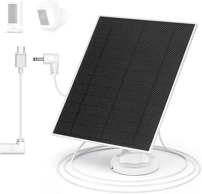 LIYVZ Solar Panel for Ring Camera, 5W Solar Charger with Battery Ring Spotlight Cam & Stick Up Cam, Outdoor Camera with 13FT DC Barrel Plug and USB-C Adapter, White