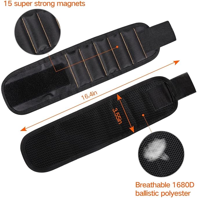 LATME Magnetic Wristband with 15 Strong Magnets for Holding Screws Nails Drill Bits-Best Armband Tool for DIY Handyman Unique Gifts for Men (Black)