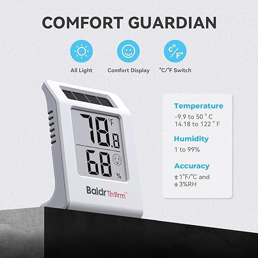 2.2'' Digital Thermometer and Hygrometer Meter, Solar-Powered Indoor Temperature Sensor Humidity Monitor, Humidity Gauge for Baby Rooms, Bedrooms, Home, Office, and Wine Cellars, White, 2Pack