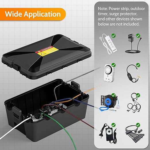 Wowbox Medium Outdoor Electrical Box Waterproof (12.6 x 8.5 x 5.2inch), Black Weatherproof Extension Cord Box w/6 Cable Entry, IP54 Waterproof Outdoor Outlet Covers for Power Strip, Plug