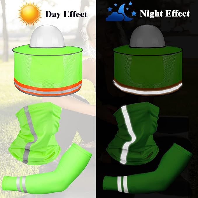 SATINIOR 3 Pcs Sun Hard Hat Neck Protection High Visibility Full Brim Mesh Sun Protection Bandana Headband Arm Sleeves with Reflective Strap for Construction Helmet Hard Hat(Neon Green)