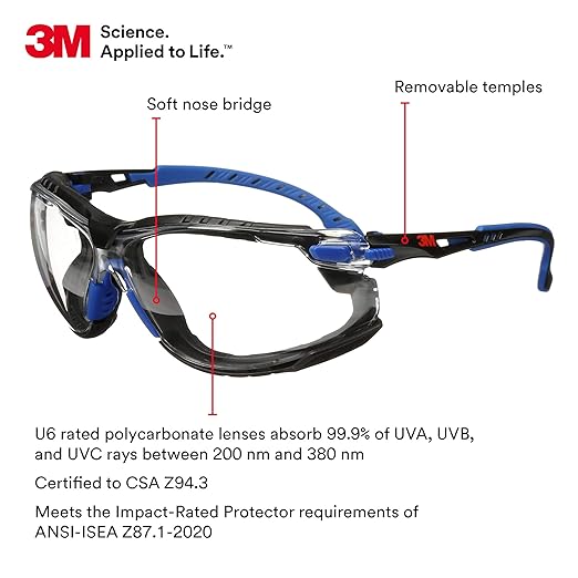 3M Safety Glasses, Solus 1000 Series, ANSI Z87, Scotchgard Anti-Fog, Clear Lens, Blue/Black Frame, Removable Foam Gasket and Strap, Pack of 1