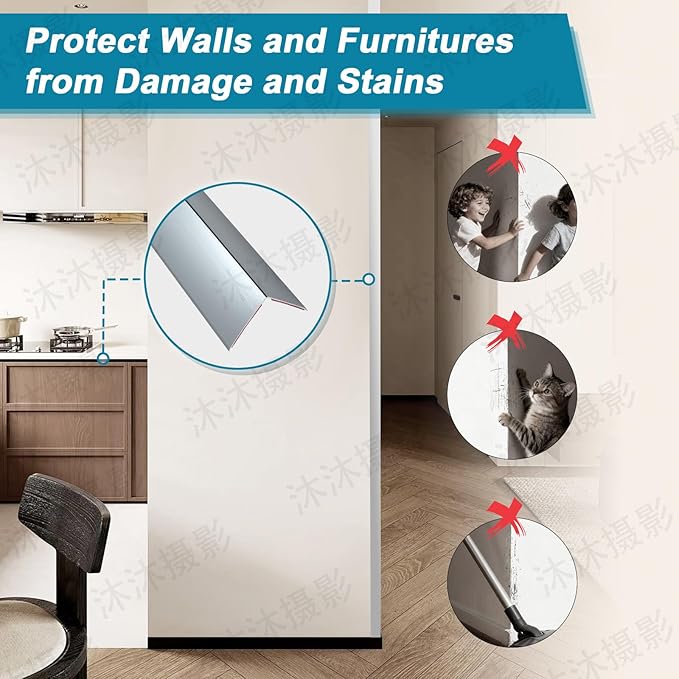 Raytano 4Pcs 45" L ×1" W Self Adhesive Metal Corner Protectors, Modern Aluminum Wall Corner Guards for Wall Door Furniture Cabinet Baseboard Frame Protection and Decoration (Size:45" x 1",Grey)