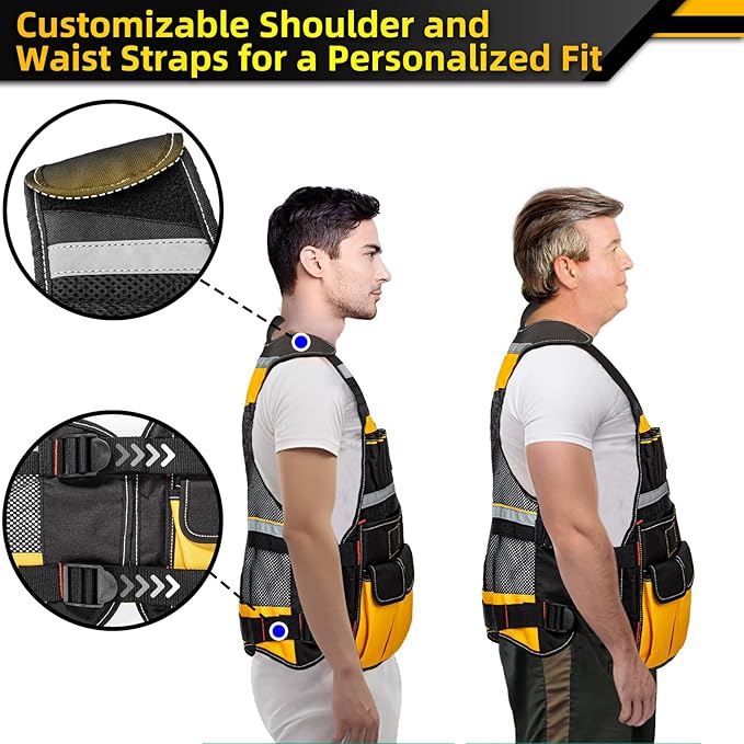 Electrician Tool Vest, Tool Vest for Men, Tool Vest Electrician with Drill Holster, 17 Storage Spaces, 1680D Heavy Duty Adjustable Work Vest with Reflective Strips, Yellow