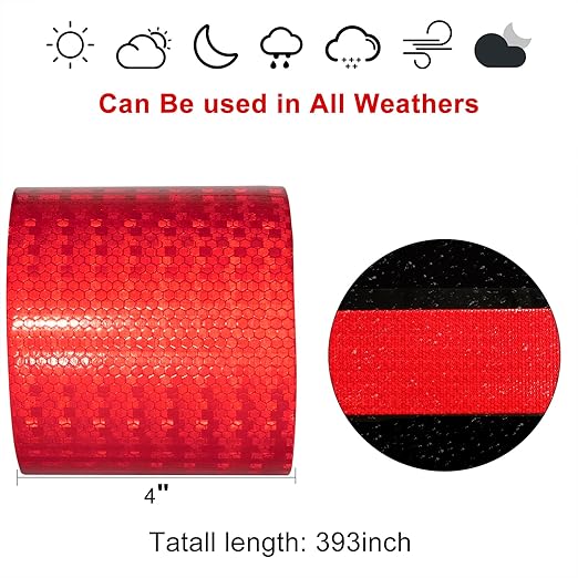 Reflective Tape, Waterproof Self Adhesive Dot Reflective Tape Outdoor Safety Caution Reflector for Trailers, Bikes, Cars（Red, 4 Inch x 65 Feet）