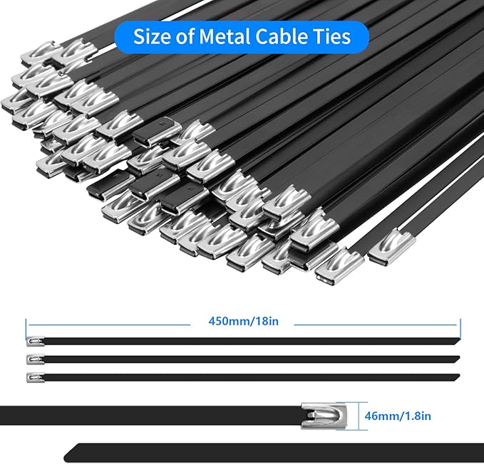 Metal Zip Ties Black 18 inch 290LB 50pcs Heavy Duty 304 Stainless Steel Epoxy Coated Locking Cable Exhaust Wrap Multi Purpose Binding for Machinery, Vehicles, Farms, Cables, Pipes,Fence