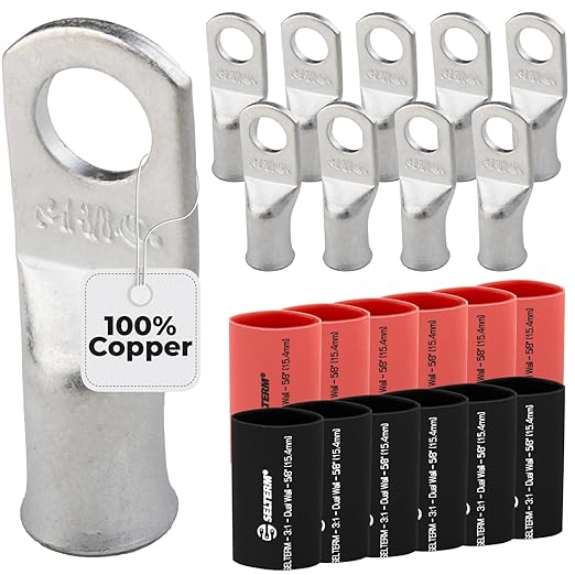 SELTERM 10pcs - 1 Awg - 3/8" Stud - Battery Lugs - Ring Terminal Connectors | with 12pcs 3:1 Black & Red Heat Shrink Tubing with Adhesive | Heavy Duty Battery Cable Ends - Tinned Copper Wire Lugs Kit