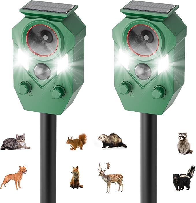 2-Pack Solar Powered Ultrasonic Animal Repeller, Outdoor Waterproof Deer Squirrel with Motion-Activated Sensor Strobe Light, for Cats, Raccoons, Skunks, Rabbits and More