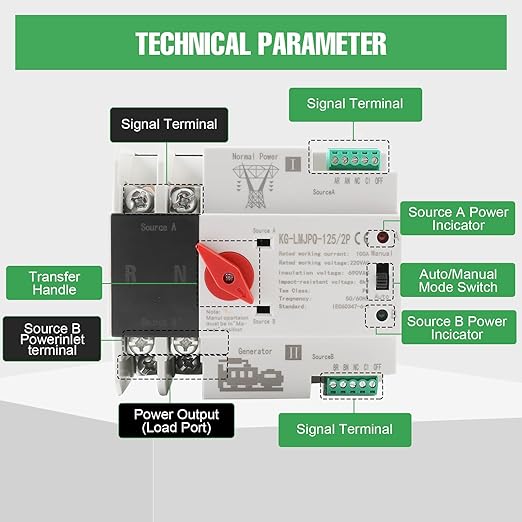 2P 100A Dual Power Automatic Transfer Switch 220V Generator Changeover Switch Tools Dual Power Transfer Switch Din Rail Mounting Type 50HZ/60HZ