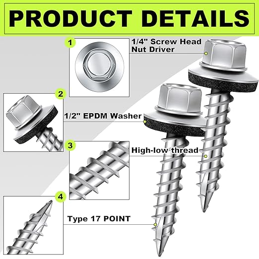 Tandefio Zinc Hex Head Metal Roofing Screws Galvanized Roof Self Starting Tapping Siding Sheet with Rubber Washer Seal for Wood Panels Summer (500 Pcs, #10 x 1)