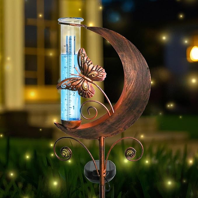 WONDER GARDEN Solar Rain Gauge Outdoor, Decorative Moon Butterfly Rain Gauges Outdoors Best Rated, Freeze Proof Water Rain Measure Gauge for Yard Patio Lawn Garden Decor