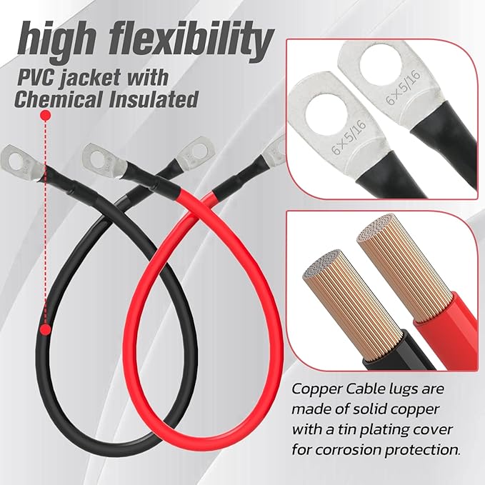 6 AWG Battery Cable 6AWG Gauge Battery Inverter Cables for Automotive Solar Marine Boat RV Car Motorcycle (6 AWG, 1FT, 5/16")