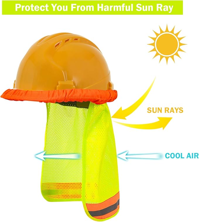 TCCFCCT Hard Hat Sun Shade, High Visibility Neck Shield with Secure-Fit Fastener, Mesh Neck Sun Shade Protector with Reflective Strip, Construction Helmets Use, Hard Hat Not Included, Yellow, 5 Packs