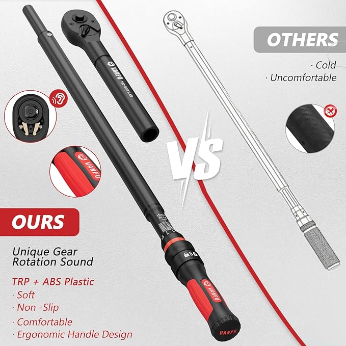 VANPO Torque Wrench 3/4-Inch Drive 100–800 Ft-Lb Heavy Duty Click Type for Construction & Agricultural Equipment – TPR+ABS Handle, ±3% Accuracy, 45-Tooth Ratchet, 48" Long Handle with Case