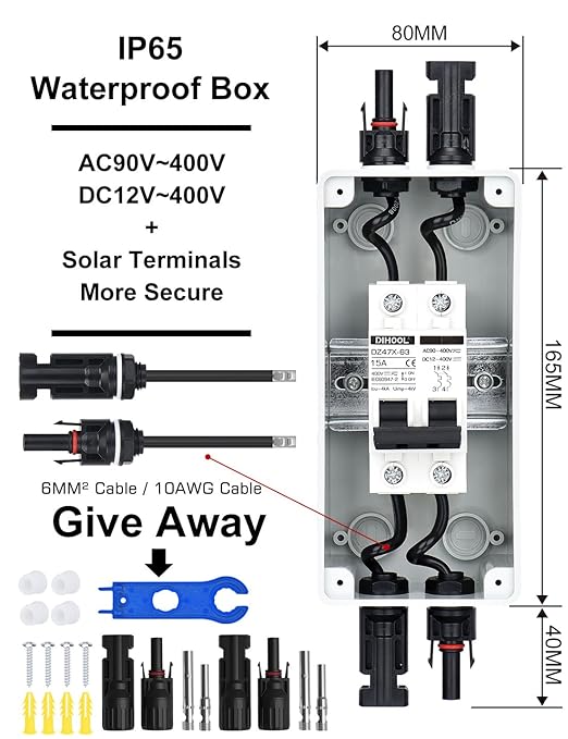 DIHOOL 15 Amp Solar DC Disconnect Switch, Outdoor Breaker Box, DC Miniature Circuit Breaker