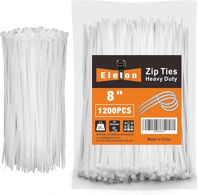 8 Inch white Zip Ties (1200 Pack), 35 LBS Tensile Strength, Self-Locking Nylon PA66 UV Resistant Cable Ties for Indoor and Outdoor Use