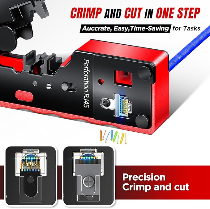 AMPCOM Pass Through RJ45 Crimp Tool, All-in-one Ethernet Crimper, Crimping for STP UTP RJ45/ RJ11 Cat8 Cat7 Cat6A Cat6 Cat5e Cat5 Connectors, AM-728RD