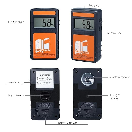 Handheld Digital Window Tint Meter 0%~100% Range Visual Light Transmission Light Transmission Continous Measurement Function (up to 4000) for Mesuring Film, Filmed Glass, Window Tint, Side Windshield