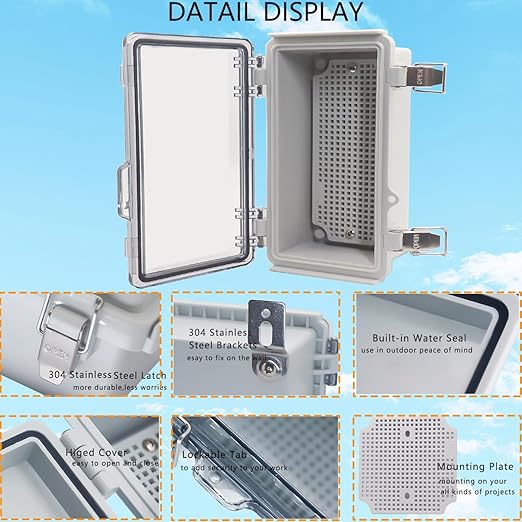 IP67Junction Box, ABS Plastic Outdoor Waterproof Box Electrical Enclosure with Stainless Steel Latch, Hinged Cover Electric Box with Mounting Plate 8.3"x4.3"x3"