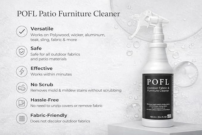 POFL Outdoor Fabric & Furniture Cleaner – Mold & Mildew Stain Remover for Patio Cushions, Wicker, Teak, Aluminum & Marine Seating – 25.36 fl oz