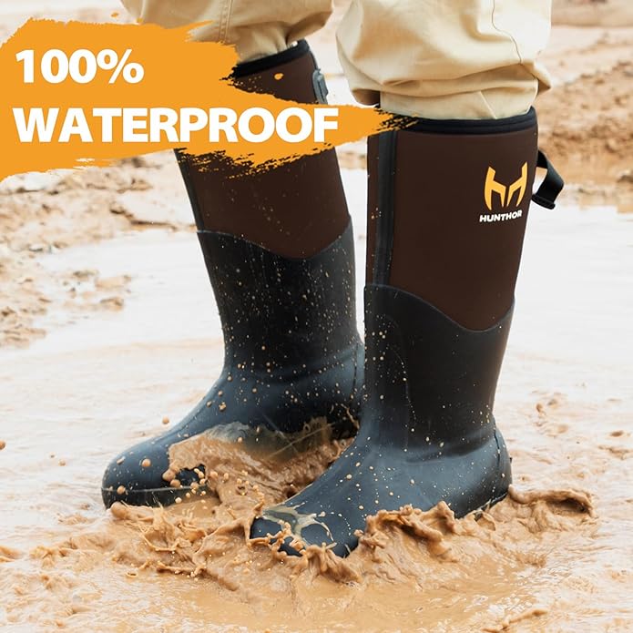 Rubber Work Boots, Puncture-Proof with Steel Toe & Shank, Waterproof Insulated 6mm Neoprene Hunting Boots for Farming, Construction, Gardening, Fishing, Outdoor Work (Size 6-14)