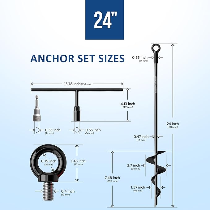 24 inch Ground Anchors Heavy Duty Screw in - Kit of 4 Fully Welded Earth Anchors - Long Spiral Tie Down Stakes for Swing Set Shed Trampoline Canopy Tree Tent - High Wind Anchor - Sand Auger Stake