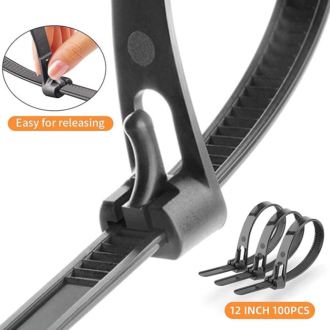Releasable Reusable Zip Ties 100 Pack 12 Inch Heavy Duty Zip Tie Thick Black Cable Ties Reusable 80lb Indoor Outdoor Multi-Purpose No Slip Off