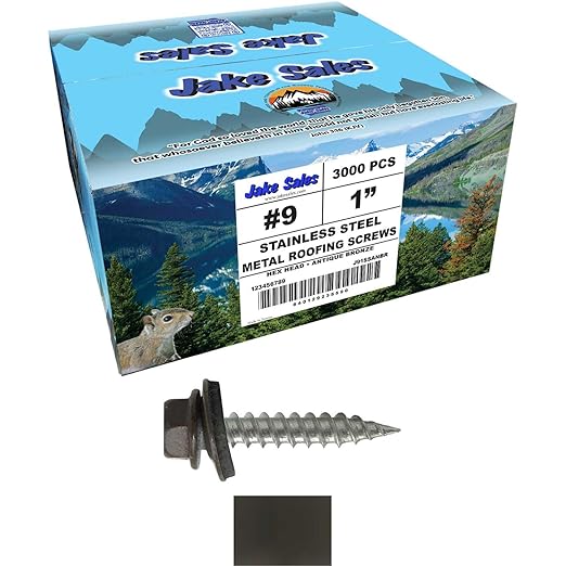 9 x 1 Antique Bronze Stainless Steel Metal Roofing Screws - Hex Washer Head - Self-Piercing (SP) tip Metal to Wood siding Screws - EPDM Washer. 12 X 250 Bags - 3,000 Screws