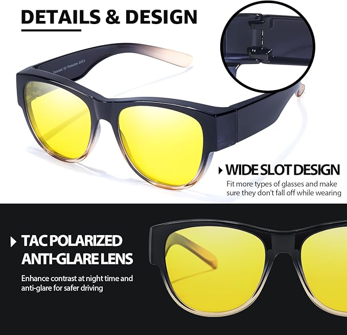 TJUTR Fit-Over Night Vision Driving Glasses for Men Women, Anti-Glare Polarized UV400 Yellow Lenses for Nighttime Safety