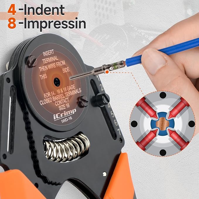iCrimp Closed Barrel Crimper 4 Way Indent,8 Impression Type Deutsch Crimper for Solid Contacts Gage 14,16&18(IWD-16) with DT Connector Kit