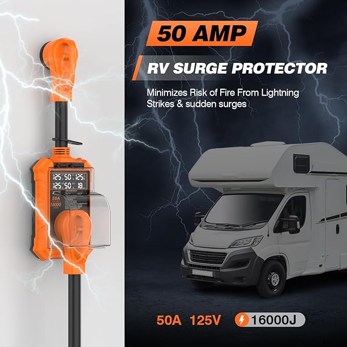 RV Surge Protector 50 Amp, 16000 Joules Protection, Automatic Over/Under Voltage & Temperature Shutoff, 6-in-1 Smart Display for RV Safety, UL Certified, Compatible with Campers, Travel Trailers