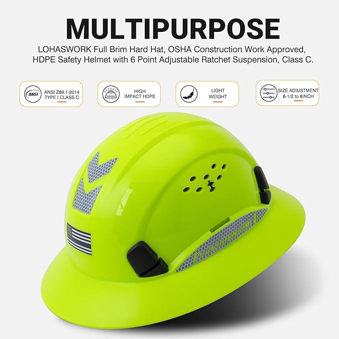 Full Brim Hard Hat Construction OSHA Approved Vented Hard Hat Cascos De Construccion Adjustable Cool Vent Work Safety Helmet for Men and Women