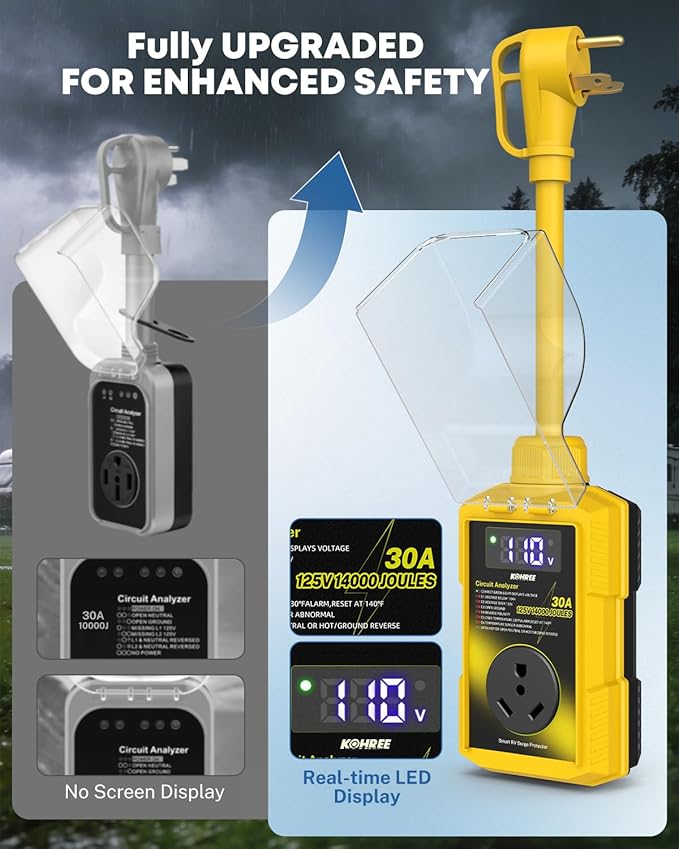 Kohree RV Surge Protector 30 Amp, 14000 Joules Power Surge Voltage Protection, RV Adapter Plug with Waterproof Cover Auto Shut Off LED Display Circuit Analyzer for Travel Trailers Camper-30A Yellow