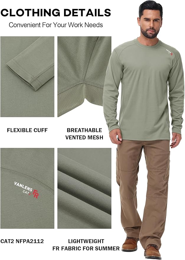 FR Shirts for Summer 5.5OZ Lightweight Breathable Vented Mesh Flame Resistant Long Sleeve Crew T-Shirt CAT2
