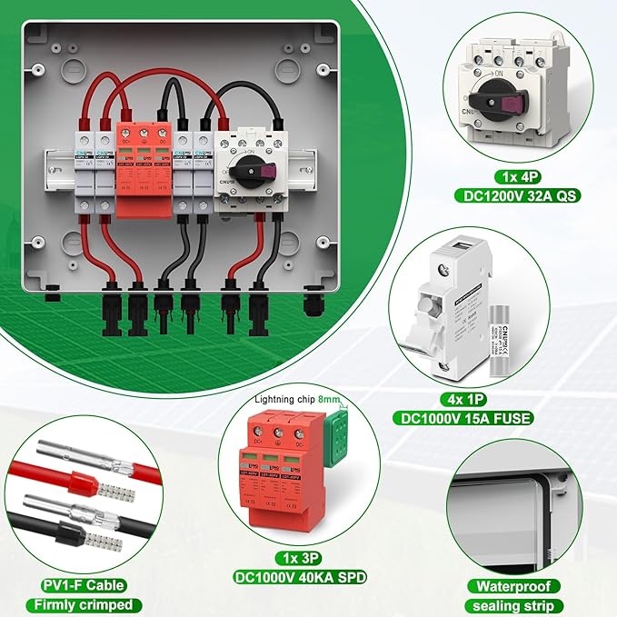 2 String Solar PV Combiner Box 2 in 1 Out IP65 DC1000V 32A Disconnect Switch with Surge Protector and 15A PV Fuse, Circuit Breaker Outdoor IP65 Waterproof for Solar Panels System