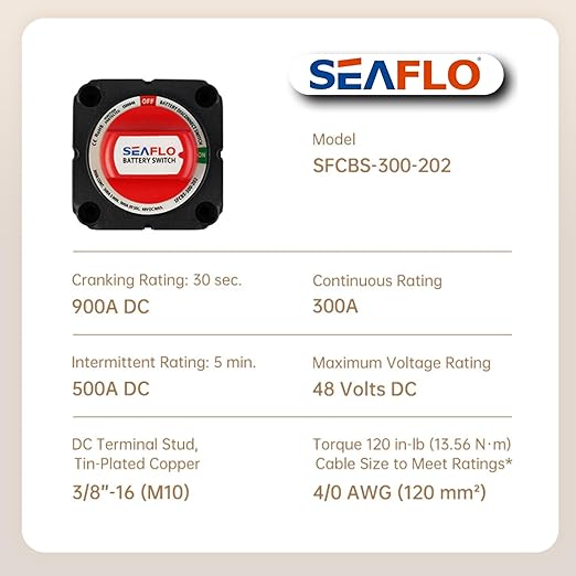 SEAFLO 12V/24V/48V Battery Disconnect Switch Isolator Switch for Marine, Boat, Car, RV, and ATV Vehicles (On/Off)
