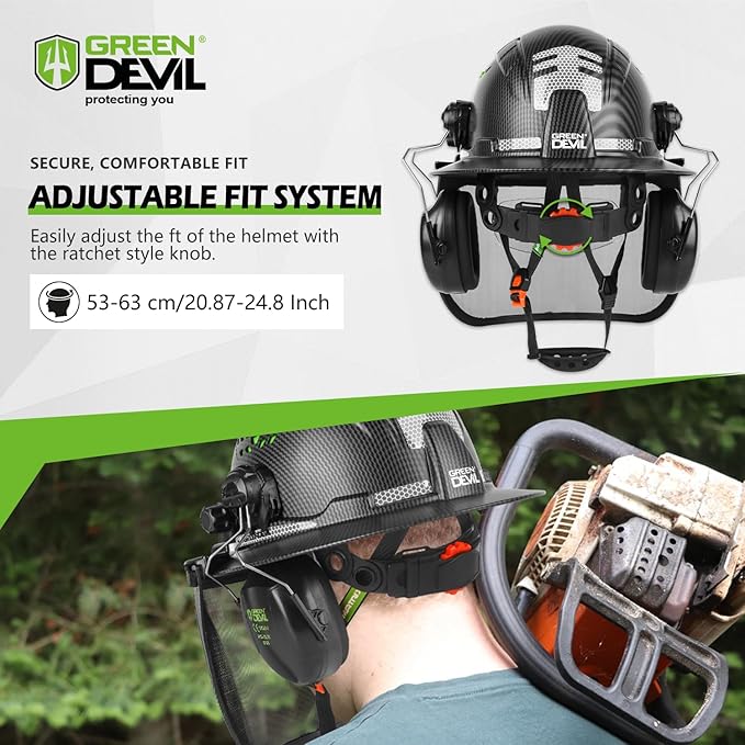 GREEN DEVIL Industrial Chainsaw Helmet with Face Shield Built in Visor and Ear Muffs 4 in 1 System ANSI Z89.1 Safety Hard Hat Adjustable Headgear Ideal for Forestry and Arborist Work Full Brim Style