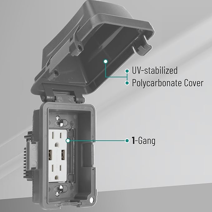 Bates- Weatherproof Electrical Outlet Cover, 1-Gang, Gray Outdoor Outlet Cover Weatherproof Outlet Cover Box, Outdoor Plug Cover