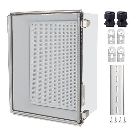 Waterproof Junction Box, ABS Plastic Electrical Box with Stainless Steel Latch, Hinged Cover Electric Project Enclosure Box with Mounting Plate, Wall Brackets,Clear 13.8"x9.8"x5.9"