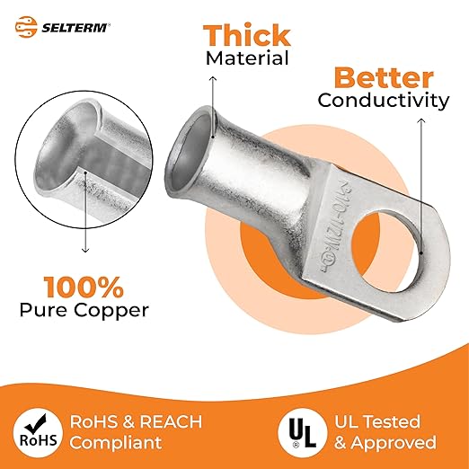 SELTERM 2pcs 1/0 AWG 1/2" Stud Tinned Copper Wire Lugs, Battery Lugs, Ring Terminals, Battery Cable Ends, 0 Gauge Ring Terminal Connectors, UL Marine Grade Electrical Battery Terminal Connectors