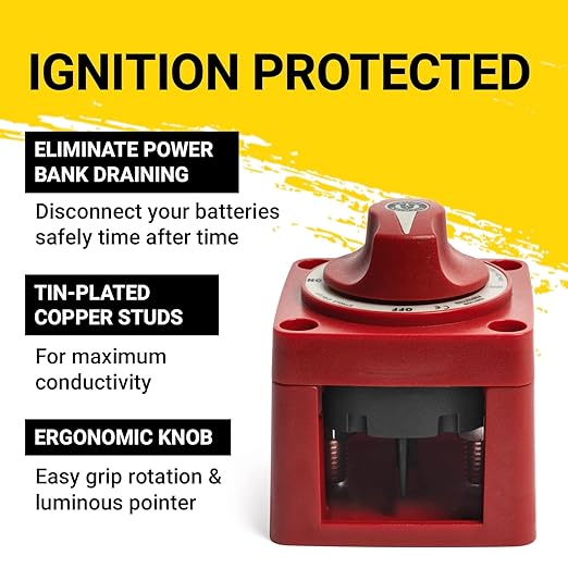 Spartan Power Battery ON/Off Disconnect Switch 300A - Ignition Protected, Heavy Duty Cutoff Switch for RV, Marine, and Automotive Battery - 12V to 48V - Red