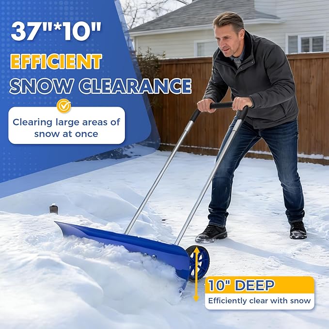 Heavy-Duty Snow Shovel for Driveway - 2-Wheel Snow Shovel with 37-Inch Steel Blade, Adjustable Handle & Blade Angle for Effortless Snow Removal, Perfect Snow Plow for Driveways and Sidewalks