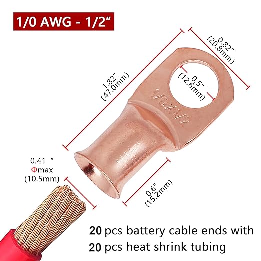 TKDMR 20pcs 1/0 AWG-1/2 Battery Lugs,Heavy Duty Wire Lugs,Ring Terminals,Battery Cable Ends,0 Guage terminals,Battery Terminal Connectors with 20pcs 3:1 Heat Shrink Tubing