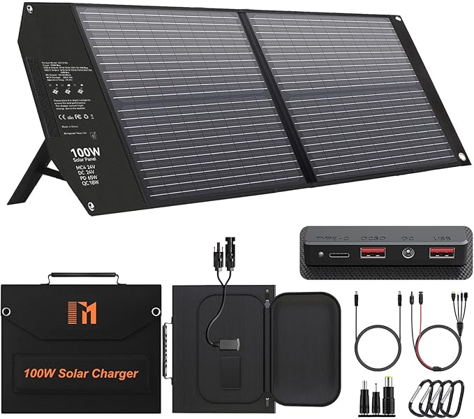 100W Portable Solar Panel USB-C PD 65W Fast Charging 24V MC4 DC QC3.0 USB-A Foldable Solar Charger for Power Station Generator Outdoor Camping RV Trip Off Grid Living