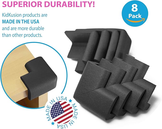 Kidkusion Corner Cushions, Black - 8 Pack | Foam Safety; Table Protector; Furniture Safety; Edge Guard