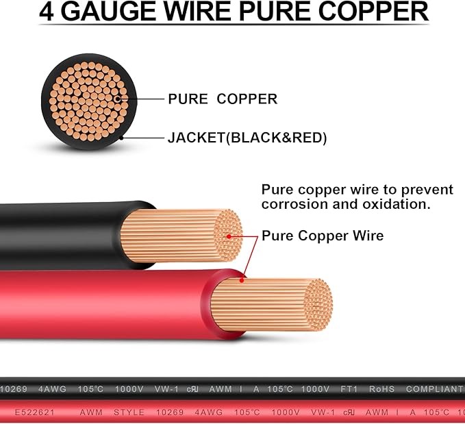 Battery Cable - iGreely 4 AWG 4 Gauge Wire Made with OFC Copper PV Wire Battery Power Inverter Cables with 5/16" Lugs Terminals for Solar Panel Automotive Motorcycle RV Marine 1ft/30cm