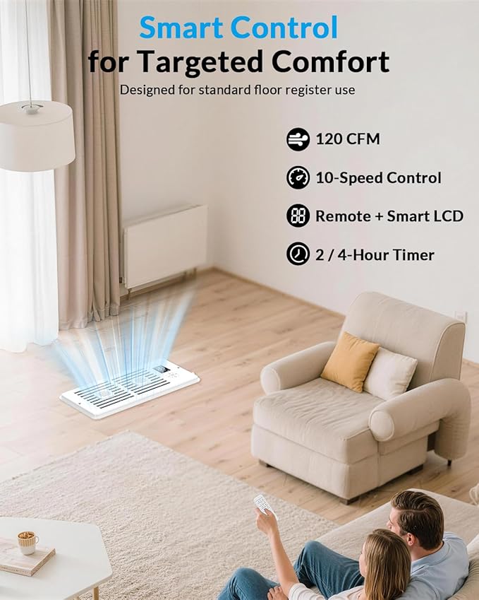 Register Booster Fan for 4” x 10” Air Registers, Quiet Operation, Helps Improve Heating & Cooling Airflow, 10-Speed Smart Vent Booster Fan with Remote for Bedrooms, Living Rooms & Older Homes